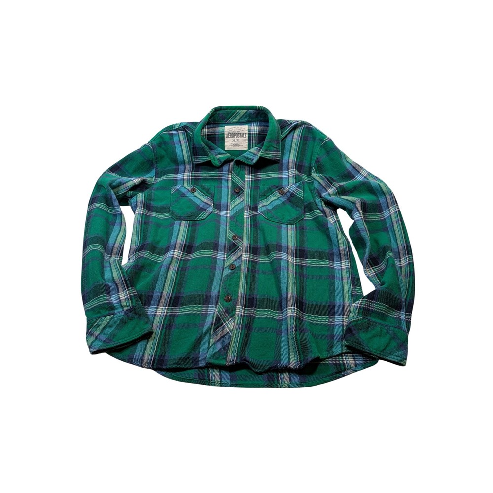 Aeropostale Mens Plaid Flannel Button Down Shirt Medium Green Blue